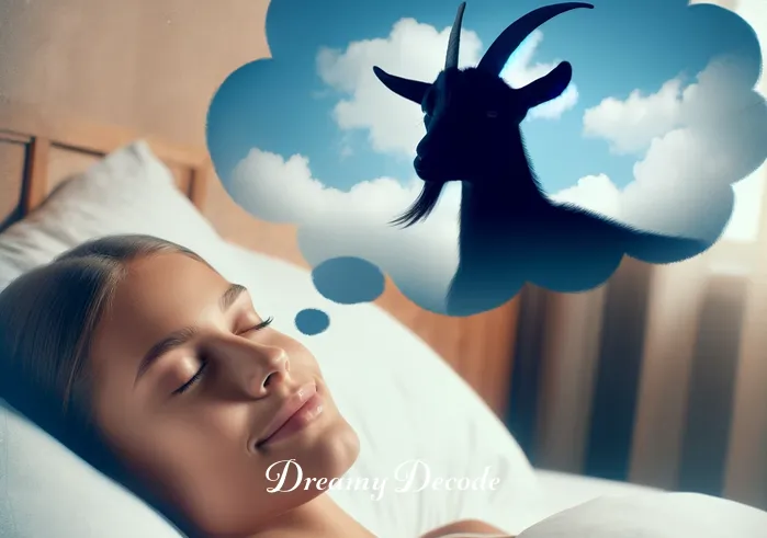 black goat dream meaning _ A person peacefully sleeping with a soft smile, as a silhouette of a black goat appears in a thought bubble above their head, symbolizing the beginning of a dream sequence.