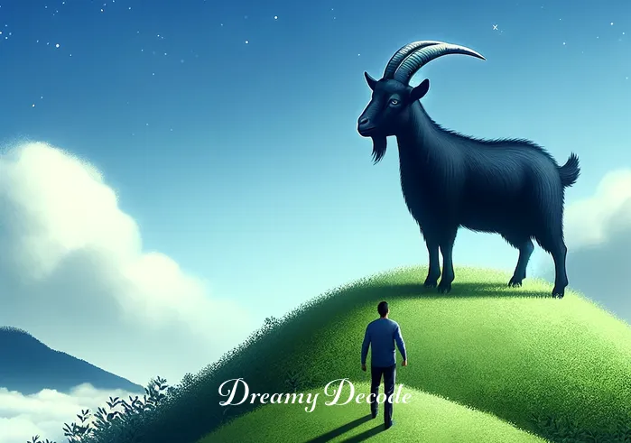 black goat dream meaning _ In the dream, the black goat stands on a lush green hilltop under a clear blue sky, symbolizing achievement and success, as the dreamer approaches it with a sense of curiosity.