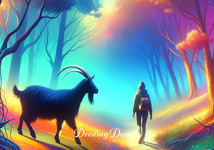 black goat dream meaning _ The dreamer and the black goat are seen walking side by side through a vibrant forest, indicating a journey of self-discovery and companionship with one