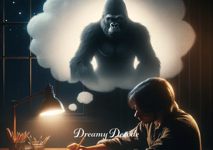 black gorilla dream meaning _ A person seated at a wooden desk, writing in a journal under a dim lamp, reflecting on the appearance of the black gorilla in their dream, seeking meaning.