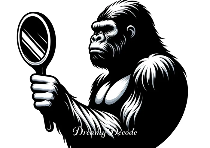 black gorilla dream meaning _ A symbolic image of a black gorilla holding a mirror, representing self-reflection and the search for personal strength and leadership in the dream interpretation process.