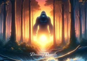 black gorilla dream meaning _ A dawn scene with the first rays of sunlight breaking through a forest, signifying the dreamer's awakening and enlightenment after understanding the black gorilla's significance in their dream.