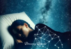 black hair dream meaning _ A person peacefully asleep under a starry night sky, a silhouette of a black hair braid winding through the stars, signifying the assimilation of the dream's message into the subconscious.