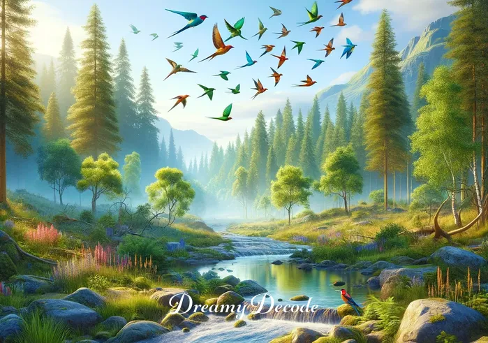 brown bear attack dream meaning _ A serene forest scene with a clear stream and birds in the sky, symbolizing a peaceful beginning before the dream sequence.