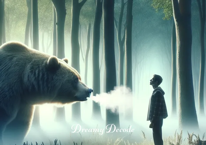 brown bear attack dream meaning _ A person standing still, holding their breath, as the bear sniffs the air, illustrating the tension of a potential bear encounter in a dream.