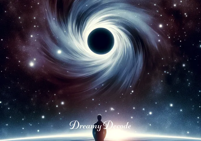 black hole dream meaning _ A dreamer standing at the edge of a vast, starry space, gazing into a swirling, shimmering black hole that stretches wide in the cosmos, representing the beginning of a journey into the unknown.