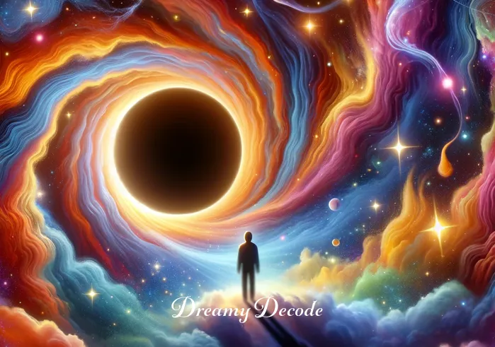 black hole dream meaning _ Inside the dream sequence, the dreamer is surrounded by a kaleidoscope of colors and stars swirling around the black hole, illustrating the process of inner reflection and the search for meaning within the dream.