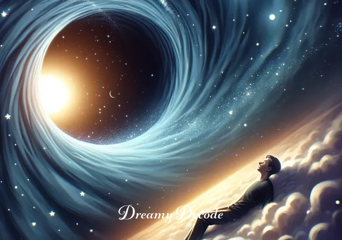 black hole dream meaning _ Finally, the dreamer emerges from the black hole into a peaceful starlit space, signifying a newfound understanding and the resolution of the dream's mystery, with a sense of clarity and enlightenment.