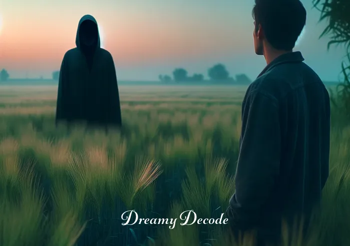 black hooded figure with no face in dream meaning _ A person standing in a tranquil field at dusk, gazing at a distant, indistinct black-hooded figure with no face that seems to be slowly approaching.