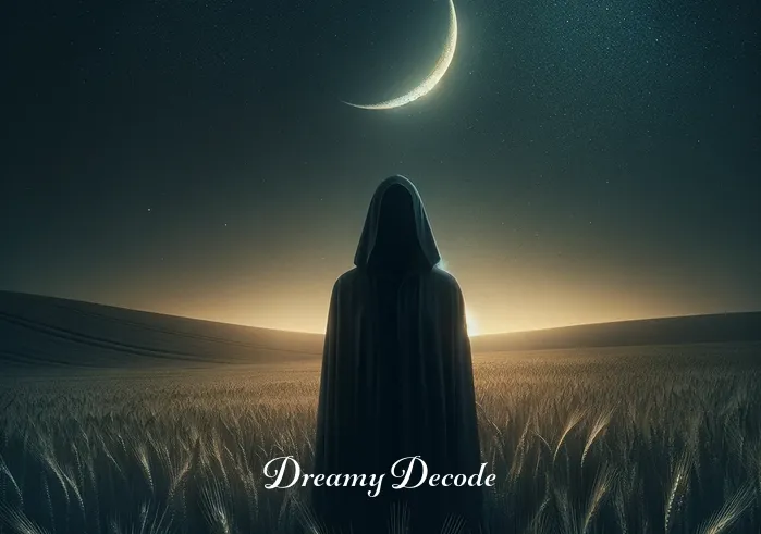 black hooded figure with no face in dream meaning _ The black-hooded, faceless figure now stands at the edge of the field, under a crescent moon, with its head tilted slightly as if contemplating or acknowledging the person