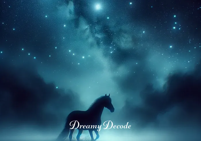 black horse dream meaning _ A serene night sky with twinkling stars, under which a shadowy black horse begins to emerge from the mist, symbolizing the start of a dream journey.