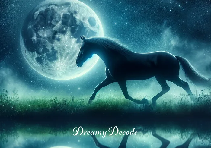 black horse dream meaning _ The black horse now strides confidently across a lush, moonlit meadow, representing progress and movement in the dreamer