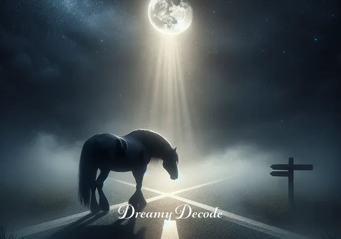 black horse dream meaning _ In a turn of events, the black horse pauses at a crossroads, illuminated by a gentle beam of moonlight, reflecting the dreamer
