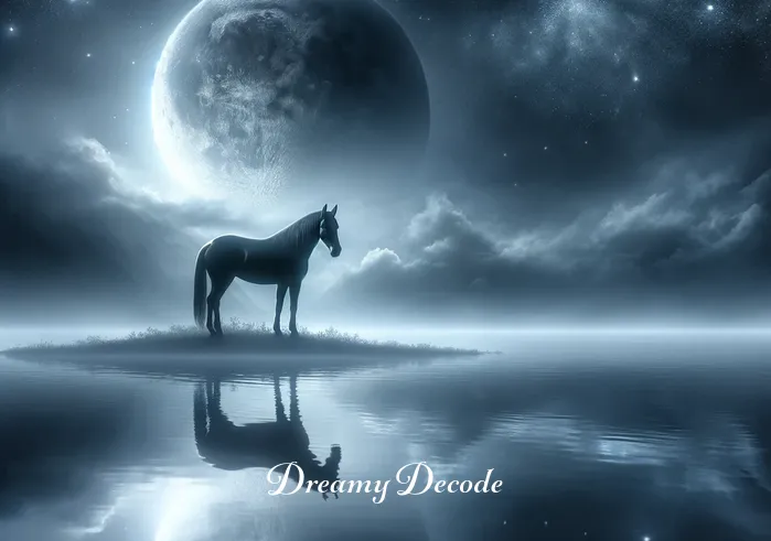 black horse in dream meaning _ A serene dreamscape with a majestic black horse standing at the edge of a reflective lake under the glow of a full moon, symbolizing mystery and depth in the subconscious.
