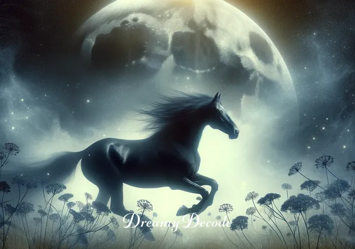 black horse in dream meaning _ The same black horse now gallops freely across a lush meadow bathed in moonlight, embodying liberation and the release of repressed emotions.