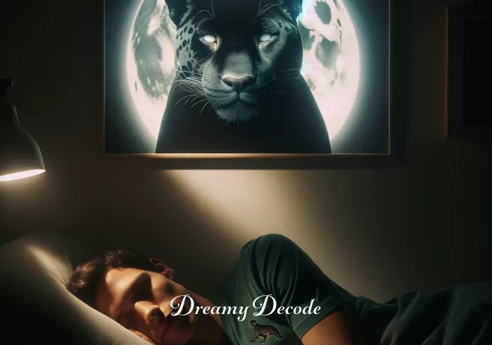 black jaguar dream meaning _ A person peacefully sleeping in a dimly lit room, with a soft glow resembling a moonbeam illuminating a picture of a black jaguar on the wall.