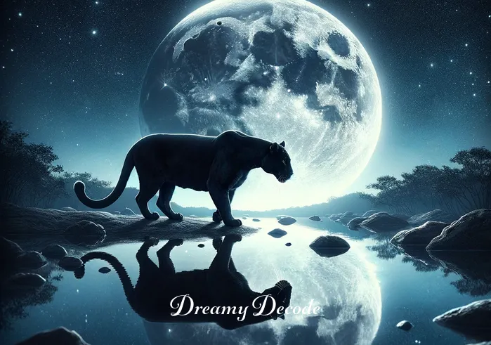 black jaguar dream meaning _ The black jaguar in the dream approaching a clear, reflective pool of water and gazing into its own reflection under the silver light of a full moon.