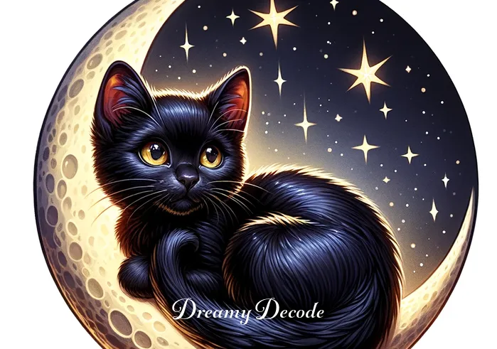 black kitten dream meaning _ A black kitten with glossy fur sits curled up on a crescent moon, its yellow eyes gazing curiously at the stars twinkling in the night sky.