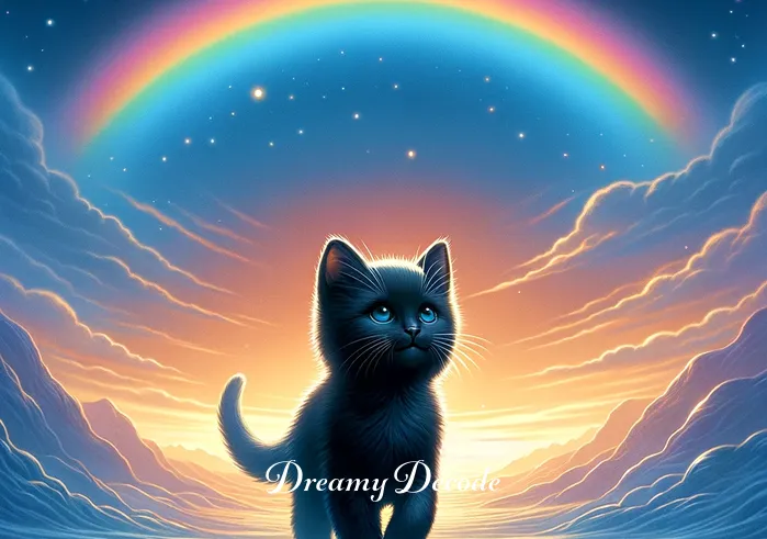 black kitten dream meaning _ The final image in the dream series shows the black kitten with a gentle smile, walking towards a rainbow that appears on the horizon, conveying a sense of hope and positive transformation.