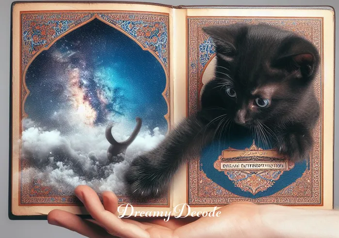 black kitten dream meaning islam _ The same individual now holding a book on dream interpretation related to Islam, with the black kitten now playfully pawing at the book