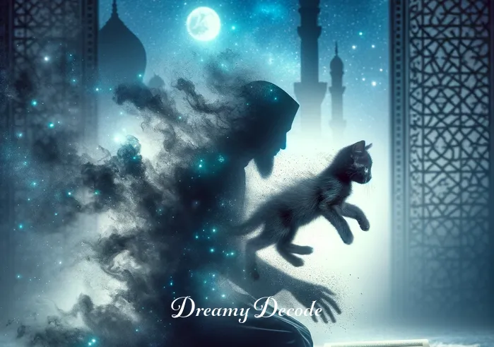 black kitten dream meaning islam _ A dream-like visualization where the black kitten transforms into a shadowy figure, which then dissipates into a mist, representing the fleeting and mysterious nature of dreams in the Islamic tradition.