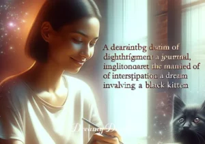 black kitten dream meaning islam _ The final image shows the person from the previous images writing in a journal, with a soft smile on their face, implying a newfound understanding or insight gained from the dream of the black kitten.