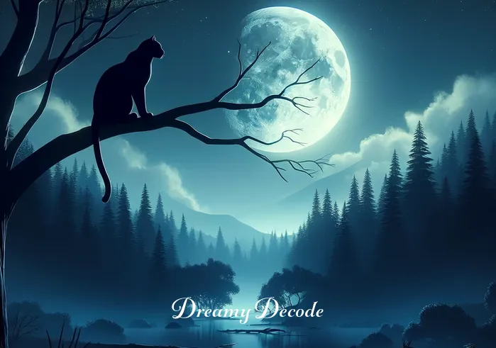 black leopard dream meaning _ A serene night landscape with a full moon illuminating the silhouette of a black leopard perched on a branch, symbolizing introspection and self-awareness in dreams.