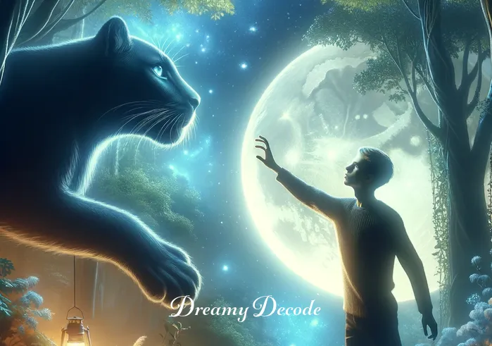 black leopard dream meaning _ A dreamer standing in a lush, moonlit forest, reaching out towards the black leopard that represents uncovering hidden passions and desires.