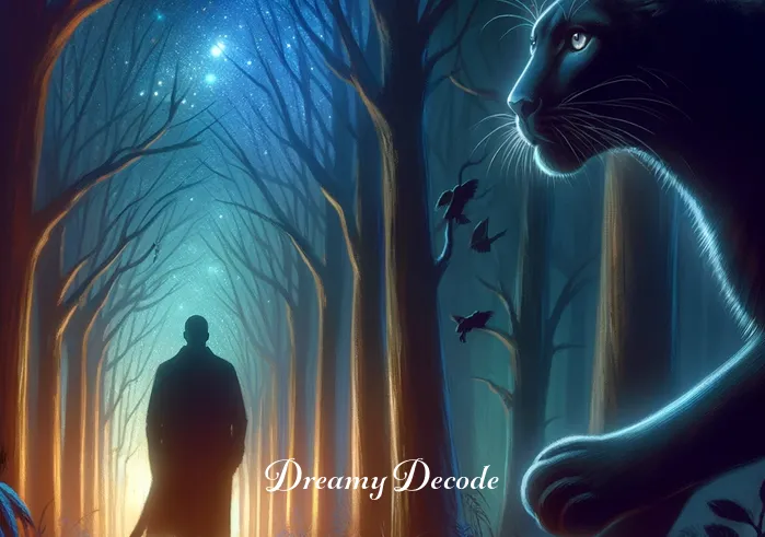 black leopard dream meaning _ The black leopard walking alongside the dreamer through the forest, indicating guidance and protection on a path to self-discovery.