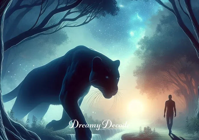 black leopard dream meaning _ The black leopard fading into the shadows of the forest while the dreamer watches, symbolizing the acceptance of one’s own powerful instincts and the conclusion of a spiritual journey.
