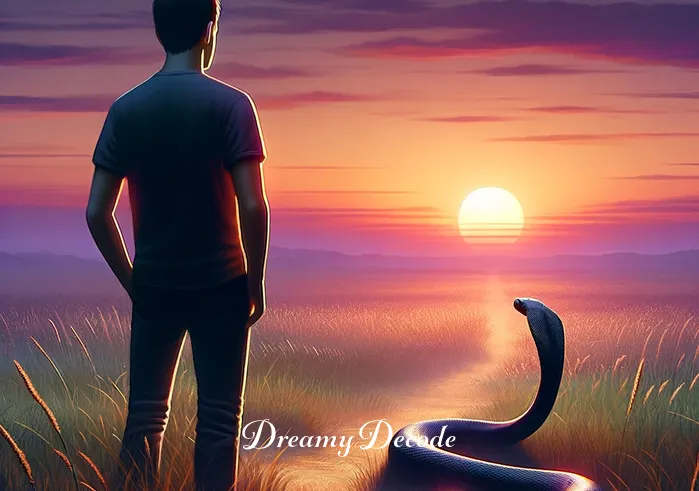 black mamba dream meaning _ A person standing in a peaceful grassland at dusk, looking at a distant black mamba slithering away, symbolizing the start of a journey of self-discovery.