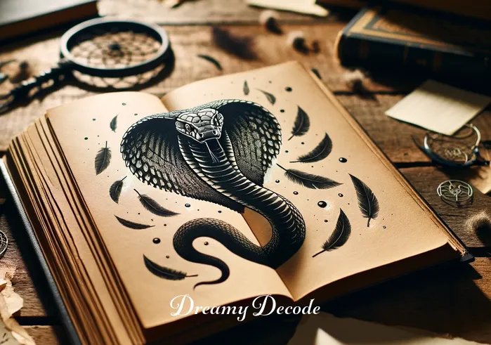 black mamba dream meaning _ An open book on a wooden table with a black mamba printed on the page, surrounded by scattered notes and a dream catcher, representing the search for meaning.