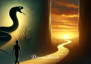 black mamba dream meaning _ A figure walking towards sunrise on a path that unfolds from the shadows of night, with the silhouette of a black mamba in the sky, signifying the dream's message being understood and a new beginning.