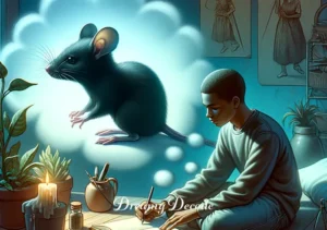 black mouse dream meaning _ A peaceful resolution with the individual writing in a journal, a small black mouse in the background no longer a mystery but a symbol of personal growth and understanding.