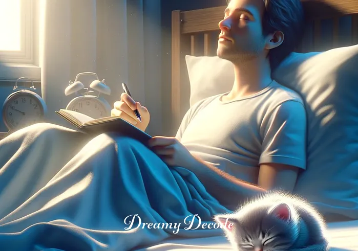 cat attack dream meaning _ The final image depicts the dreamer waking up, jotting down thoughts in a journal, with a small, real-life cat curled up peacefully at the foot of the bed, signifying reflection and understanding of the dream.