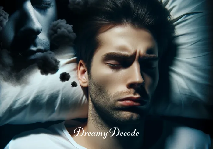 dream meaning of car accident _ A dreamer looking anxious, lying in bed with closed eyes, surrounded by dark shadows symbolizing troubling thoughts.