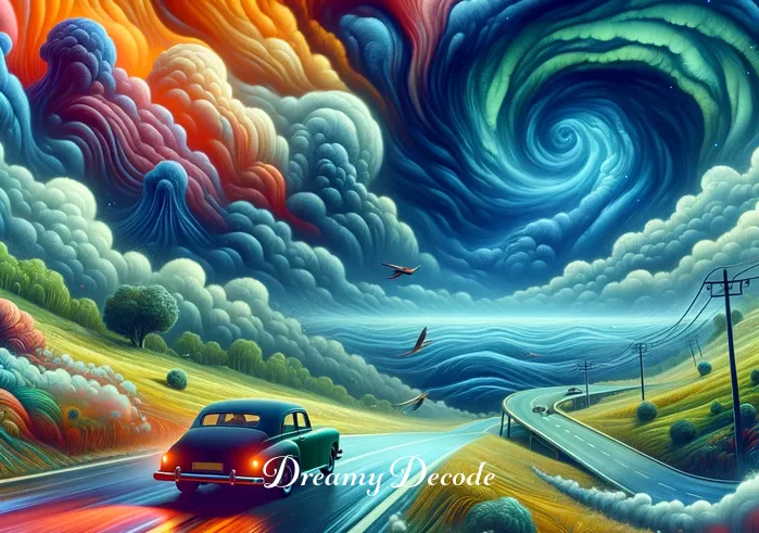 dream meaning of car accident _ A vivid dream illustration of a car losing control on a winding road under a stormy sky.