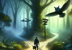 black owl dream meaning _ The dreamer standing at a crossroads in a lush forest with the black owl watching from above, signifying a moment of decision-making and the guidance of intuition.