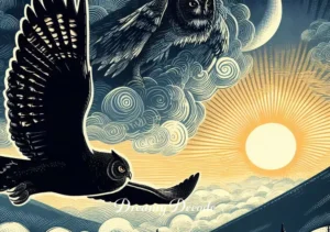 black owl in dream meaning _ The dream transitions to a scene where the black owl flies towards the rising sun, conveying a sense of enlightenment and hope.