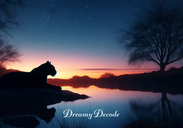 black panther dream meaning _ A serene landscape at dusk with a silhouetted black panther resting at the edge of a tranquil pond, reflecting on its surface the early stars of the evening sky.