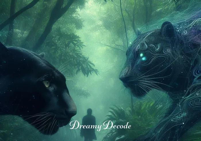 black panther dream meaning _ The black panther and the dreamer walking side by side through the dense foliage of the jungle, representing the journey towards understanding unconscious desires and instincts.