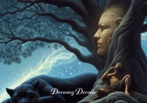 black panther dream meaning _ The dreamer seated under an ancient tree, a black panther lying beside them in repose, suggesting the achievement of harmony with one's shadow self and the embracing of hidden wisdom.