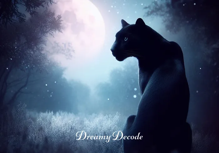 black panther dream meaning auntyflo _ A dreamy, moonlit glade where the black panther pauses and looks over its shoulder, its sleek coat shimmering under the night sky, symbolizing introspection and the unveiling of inner truths.
