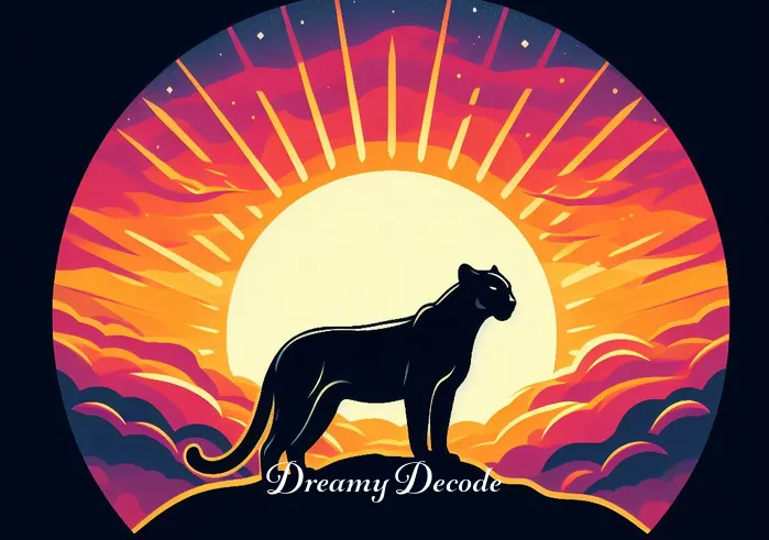 black panther dream meaning auntyflo _ The black panther stands at the break of dawn, atop a hill with a vibrant sunrise on the horizon, symbolizing the awakening of awareness and the beginning of enlightenment.