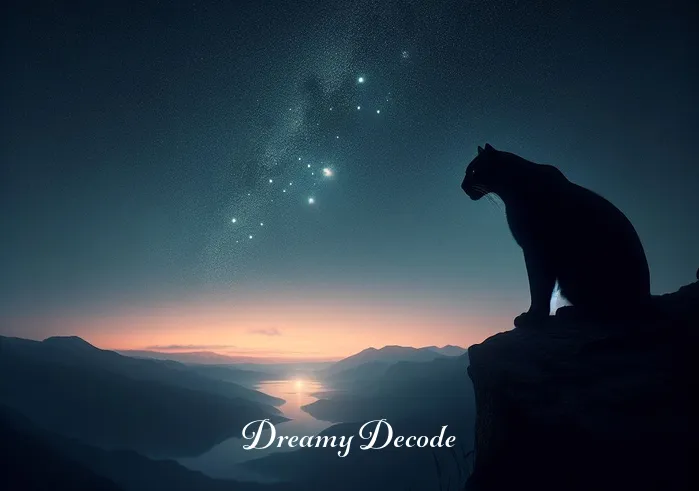 black panther in dream meaning _ A serene landscape at twilight with a shadowy figure of a black panther perched on a cliff, gazing at the stars emerging in the dusky sky, symbolizing introspection and the beginning of a dream journey.