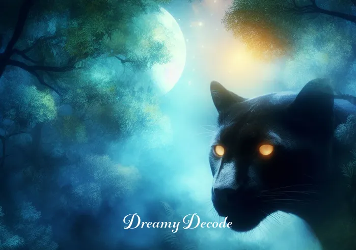 black panther in dream meaning _ A dreamlike vision where the black panther moves through a lush, moonlit forest, its eyes glowing softly, representing the dreamer
