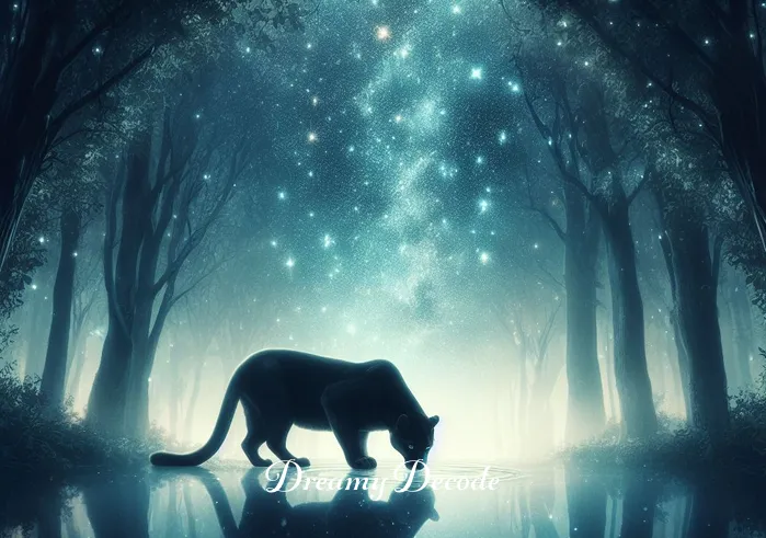 black panther in dream meaning _ An ethereal scene where the black panther is seen drinking from a clear, reflective pool in the heart of the forest under a canopy of twinkling stars, symbolizing self-reflection and inner wisdom in the dream.