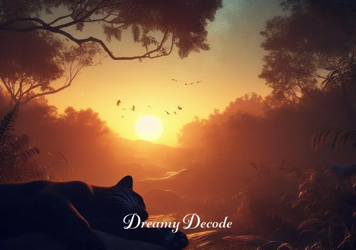 black panther in dream meaning _ A tranquil dawn where the black panther lies asleep in a sunlit clearing, with the dream fading away and the dreamer awakening to a sense of empowerment and newfound understanding.