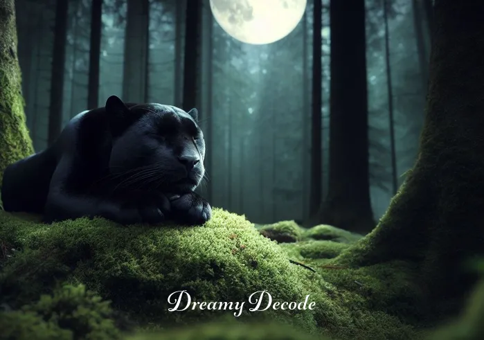 black panther in dream spiritual meaning _ A tranquil forest clearing under a full moon, with a gentle black panther lying on a bed of moss, its eyes closed as if in deep meditation.