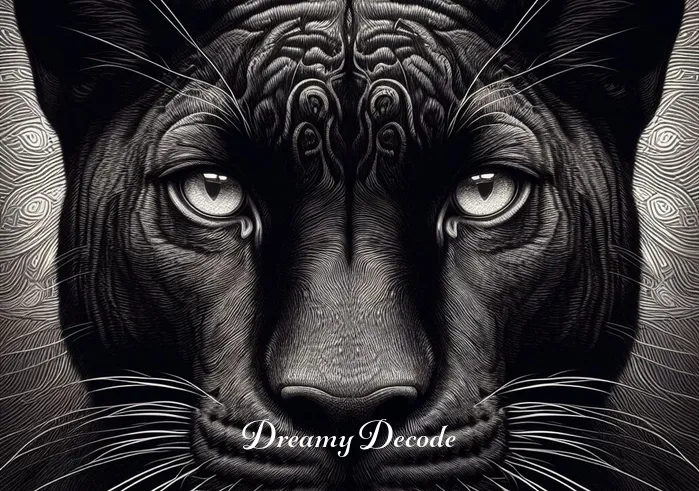 black panther in dream spiritual meaning _ The same black panther now stands, its eyes open, gazing directly at the viewer with an expression of wisdom and serenity, symbolizing an awakening or realization.